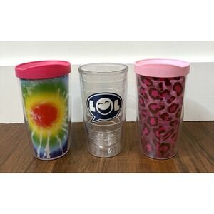 Tervis Tumbler Lot 3 16oz Travel Cup Lid Pink Leopard Print Tie Dyed LOL Mug Hot